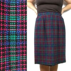 Vintage Joan Leslie Tweed Skirt Wool Blend Pink Green Blue Plaid Retro Skirt 6P